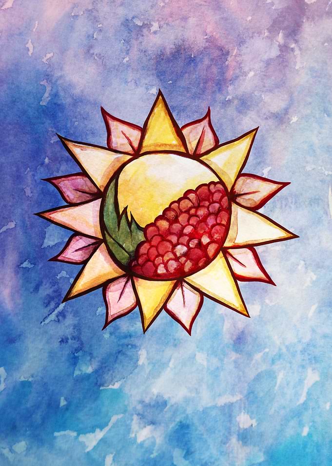 Watercolor Sun with Pomegranate Center