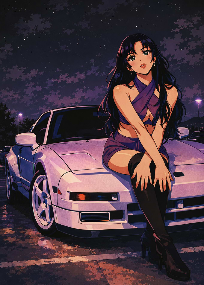 Anime Girl Posing on a Sports Car