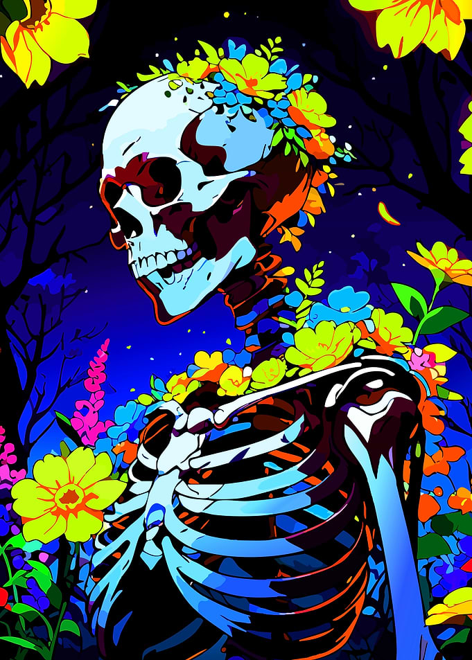 Skeleton adorned with vibrant flowers