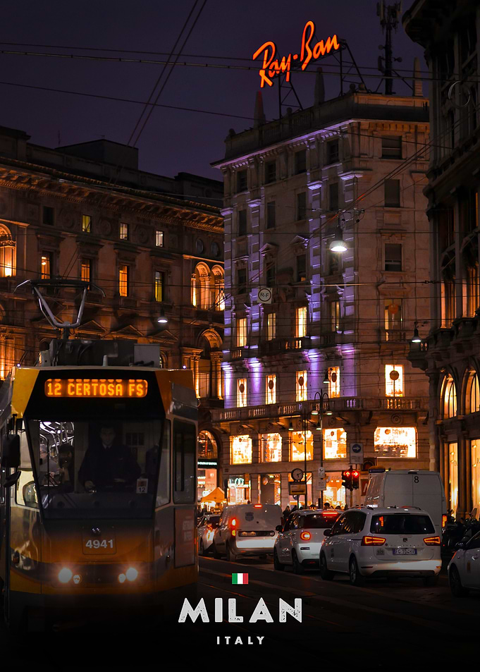 Milan street at night with tram