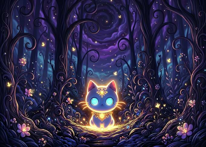 Magical Cat in Enchanted Forest