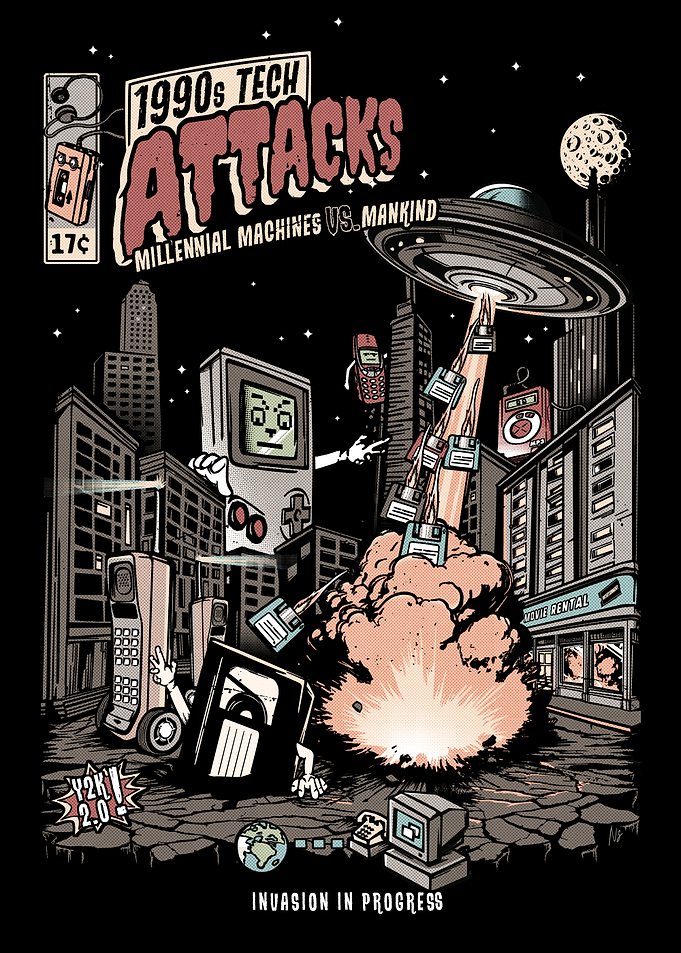 Retro 1990s Tech Attacks Comic Art