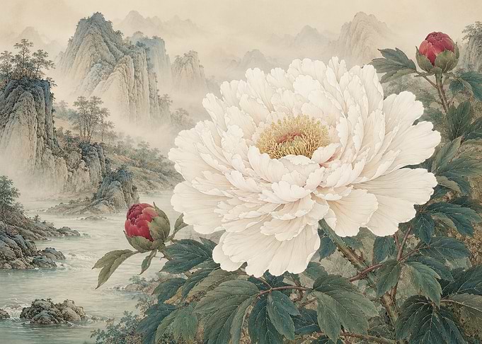 Peony and Misty Mountains Landscape