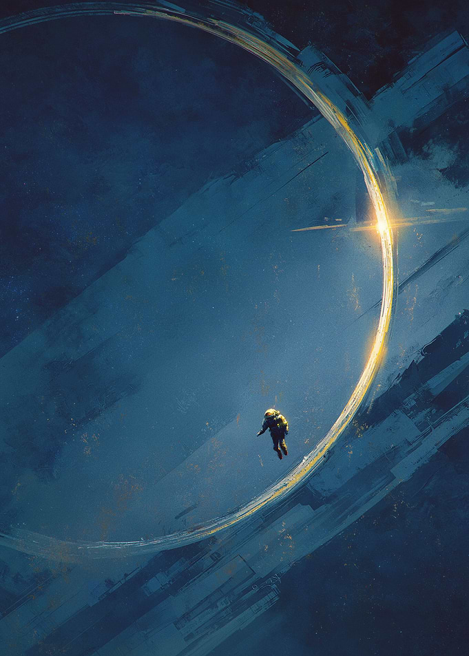 Astronaut floating in space near a glowing portal