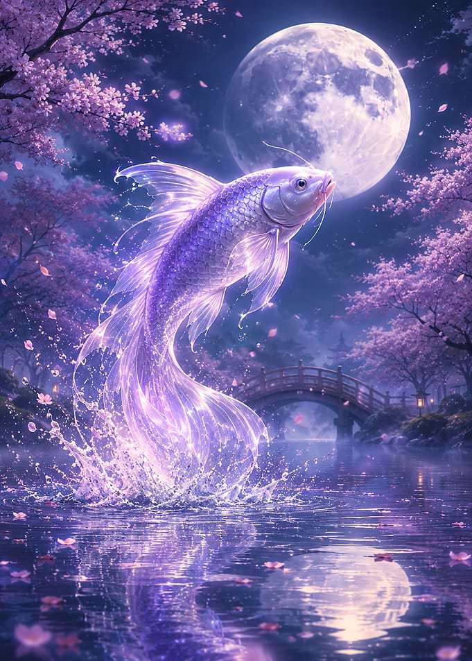 Magical Koi Fish Jumping Under the Moon
