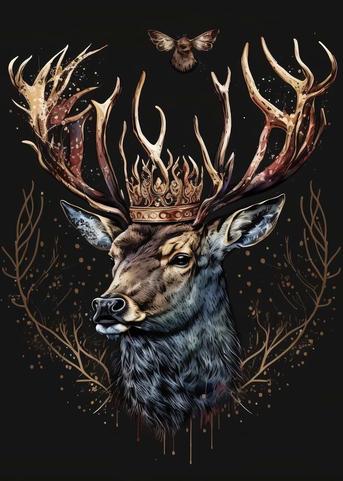 Majestic Stag with Crown and Moth