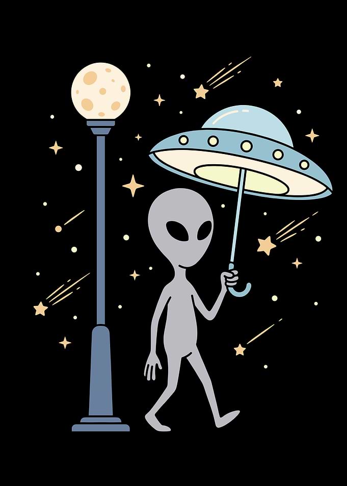 Alien with UFO Umbrella in Space
