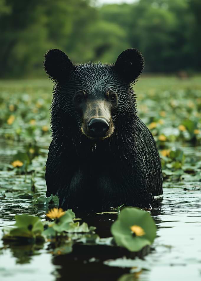 Bear in a lily pond