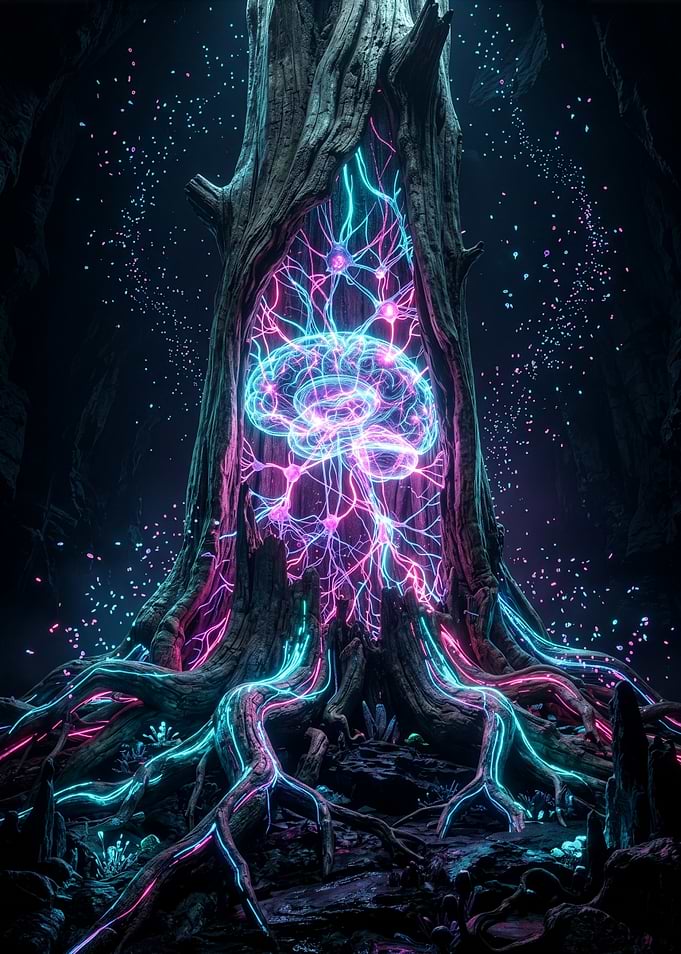 Neon Neural Network Tree – Cyberpunk Glowing Brain Sci-Fi Art