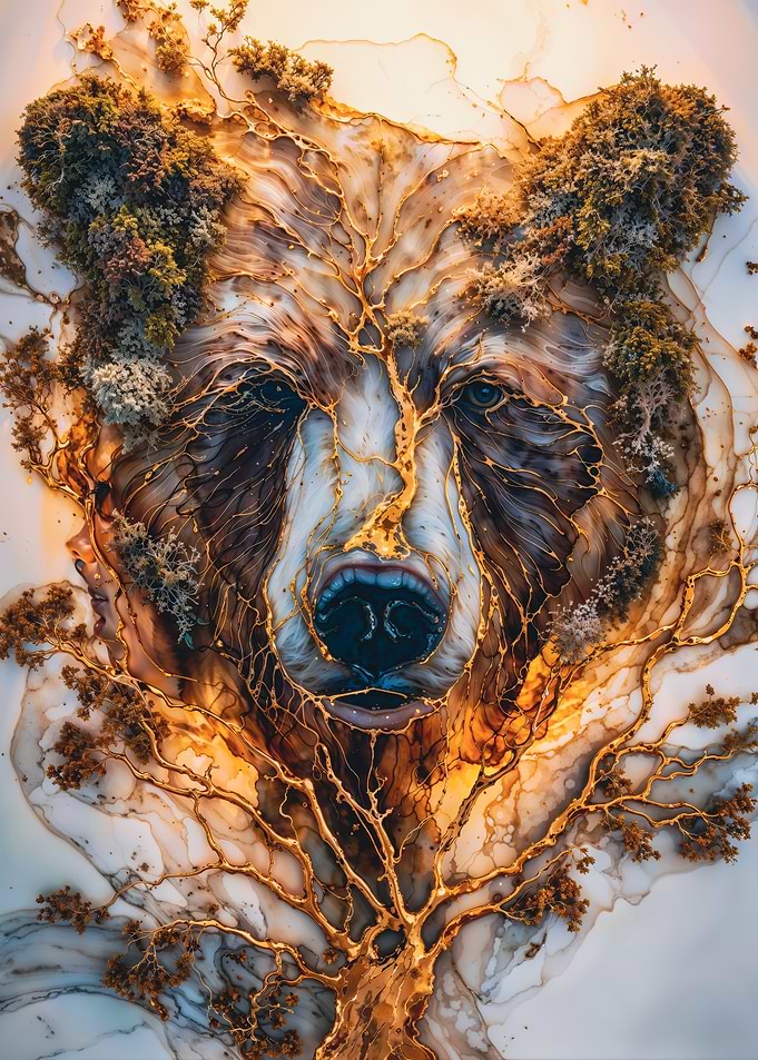 Marble Grizzly Bear Head with Gold