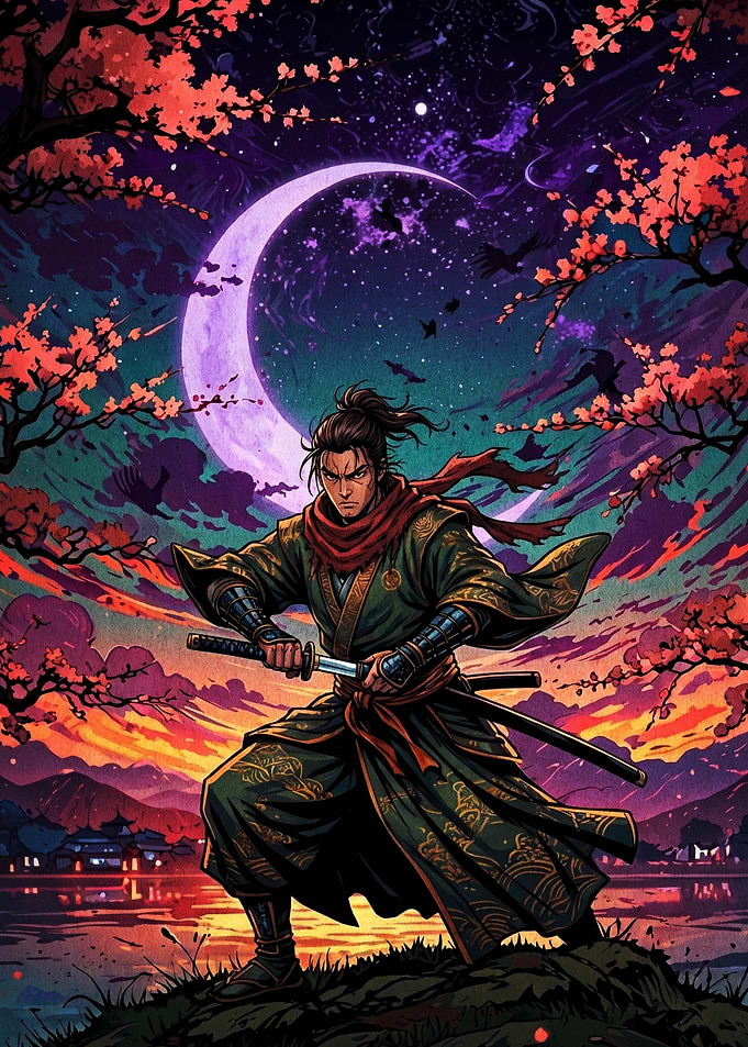 Samurai Warrior Under a Crescent Moon