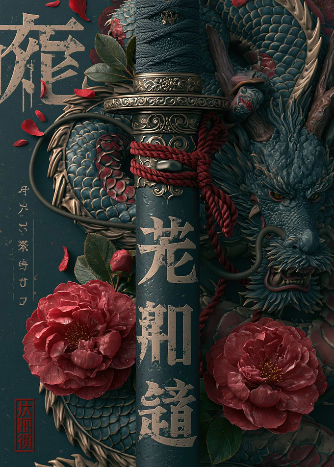 Dragon and Katana with Red Flowers