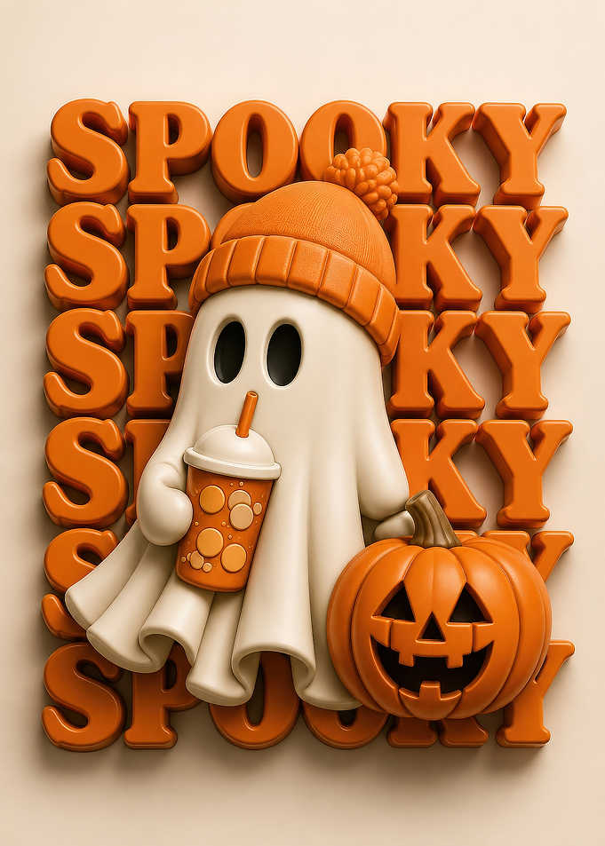 Spooky Ghost with Pumpkin and Drink