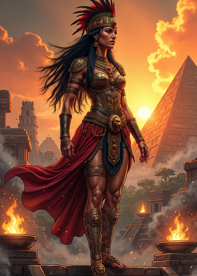 Aztec Warrior Woman at Sunset