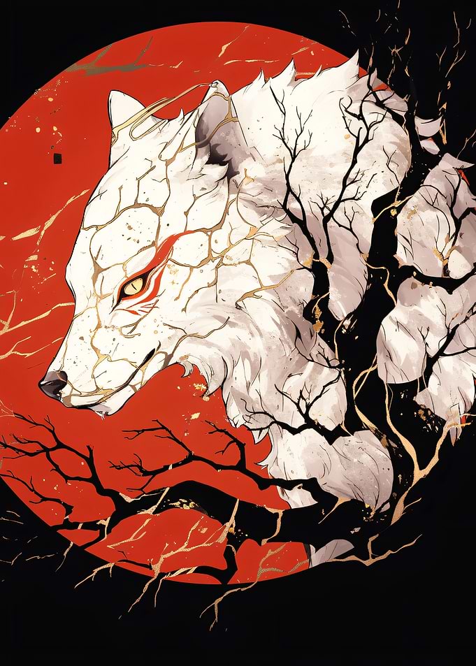 White Wolf with Red Sun and Black Branches