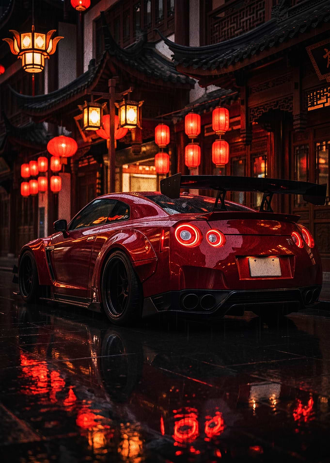 Red Nissan GT-R in Rainy Asian Street