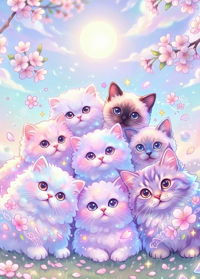 Cute Kittens Under Cherry Blossoms