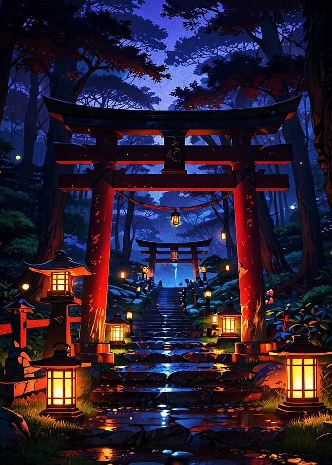 Enchanted Japanese Forest Shrine at Night