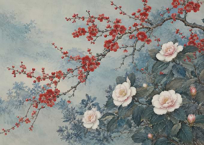 Red Plum Blossoms and White Camellias