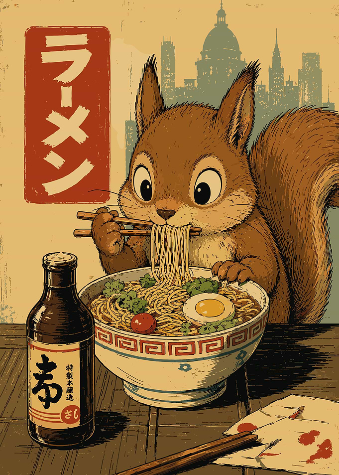 Cute Squirrel Ramen Poster - Vintage Japanese Food Animal Wall Art
