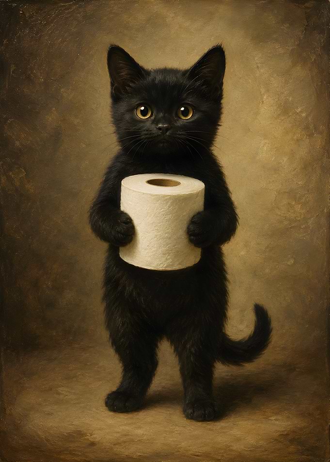 Black Kitten Holding Toilet Paper