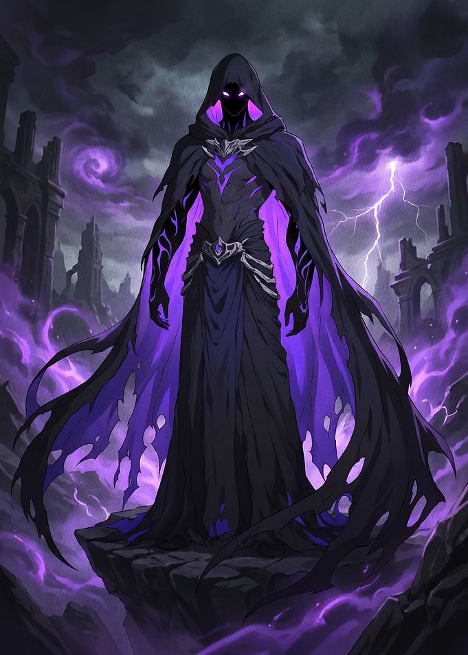 Dark hooded figure with purple energy