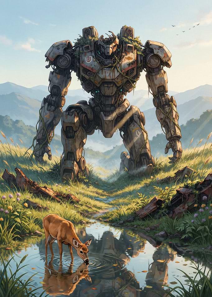Giant Robot and Deer in Nature