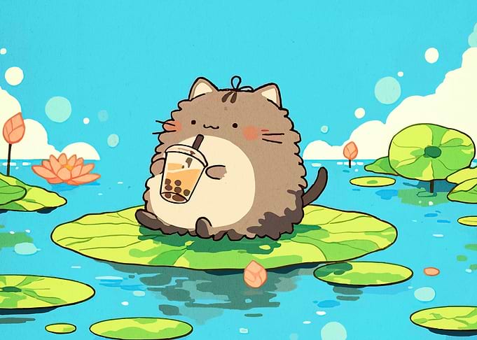 Cute Cat with Boba Tea on Lily Pad