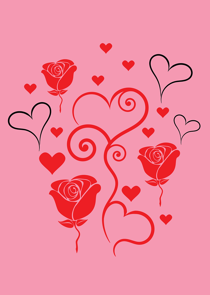 Red Roses and Hearts on Pink Background