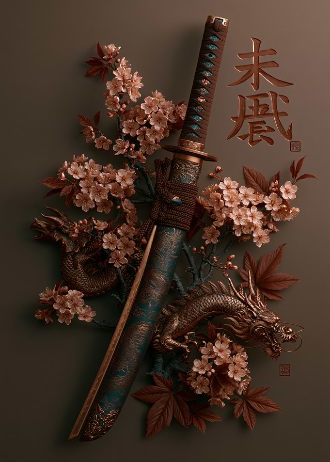Samurai Sword with Dragon and Cherry Blossoms