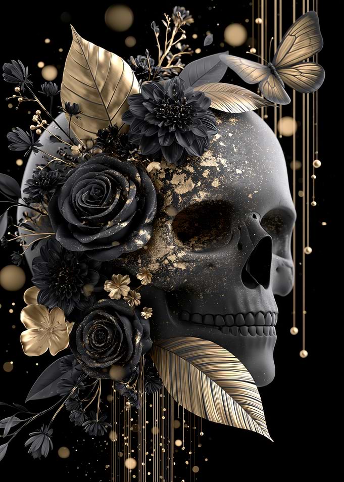 Gothic Skull with Black and Gold Flowers