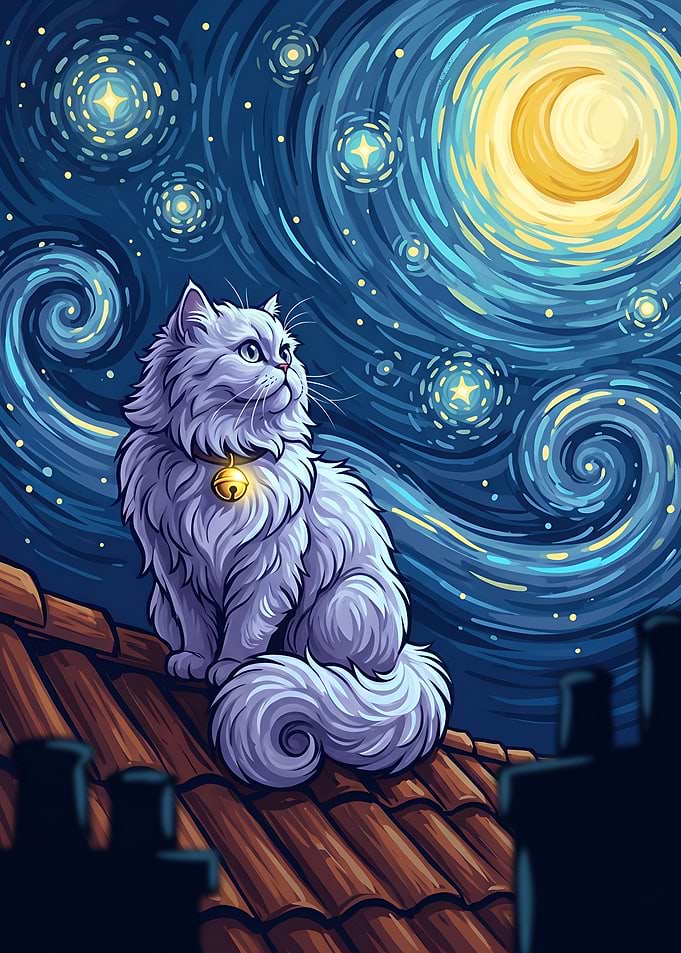 Longhair Cat Watching the Crescent Moon