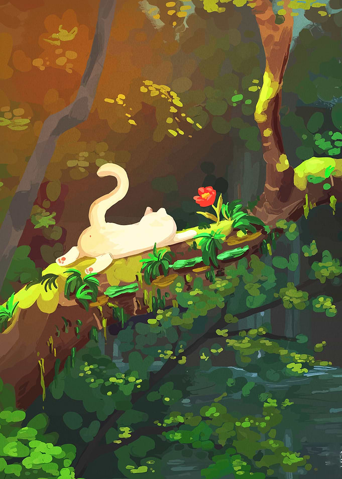 Cat on a branch with a flower