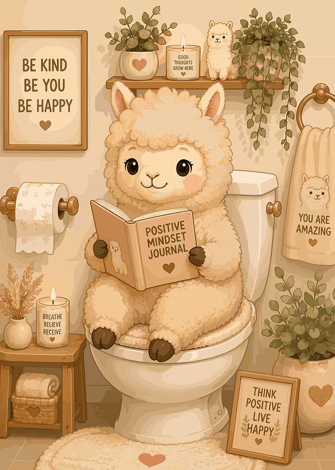 Cute Llama Reading in Bathroom