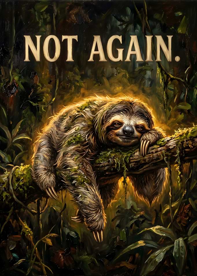 Sloth in Jungle with 'Not Again' Text