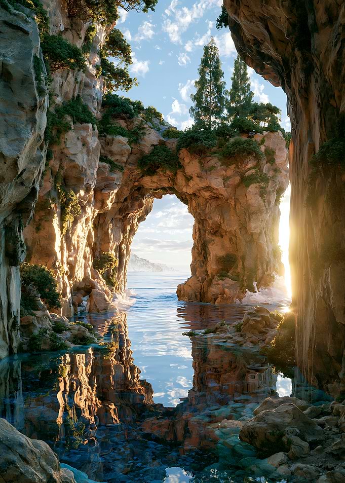 Sunlit Archway Over Calm Water
