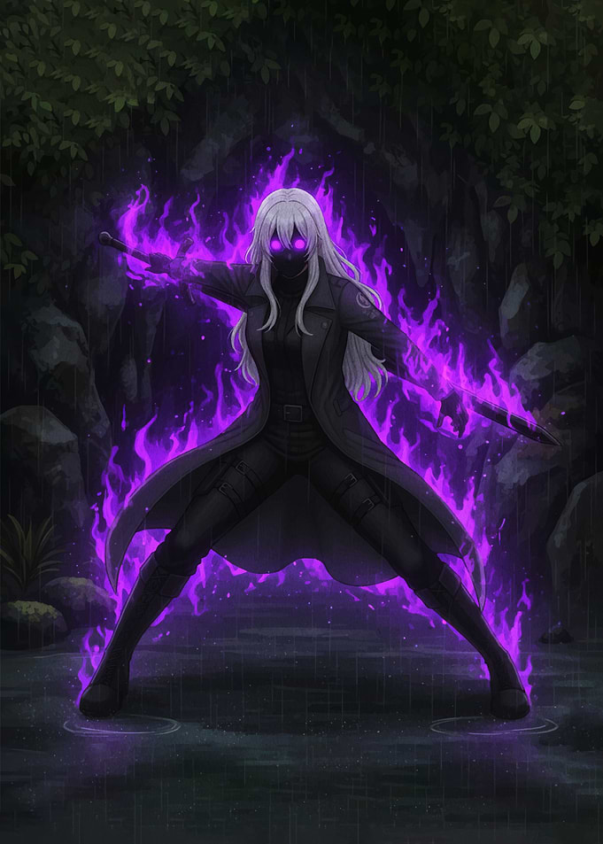 Anime character with purple fire aura