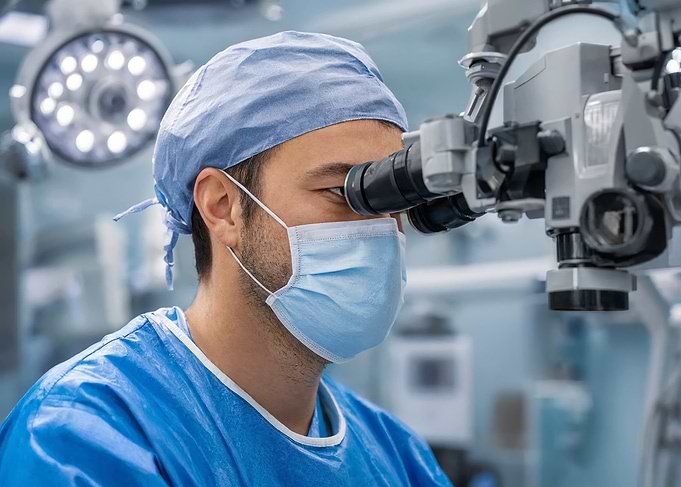 Surgeon using microscope in operating room