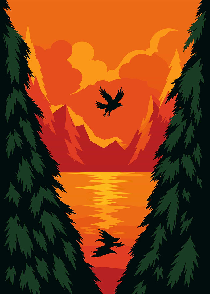 Pixel Art Sunset Over Lake with Eagles