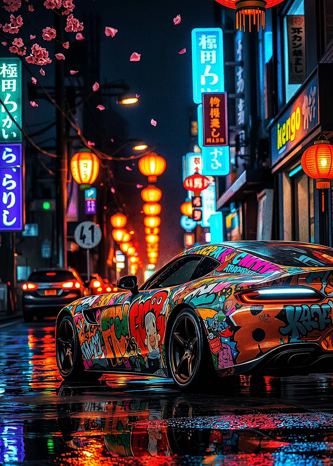 Graffiti Sports Car in Neon Tokyo Street