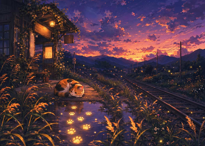 Cat at a Train Station at Sunset