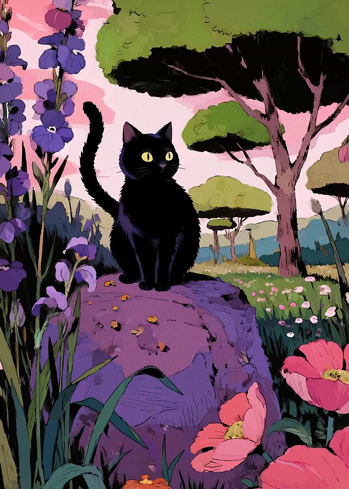 Black cat in a floral landscape
