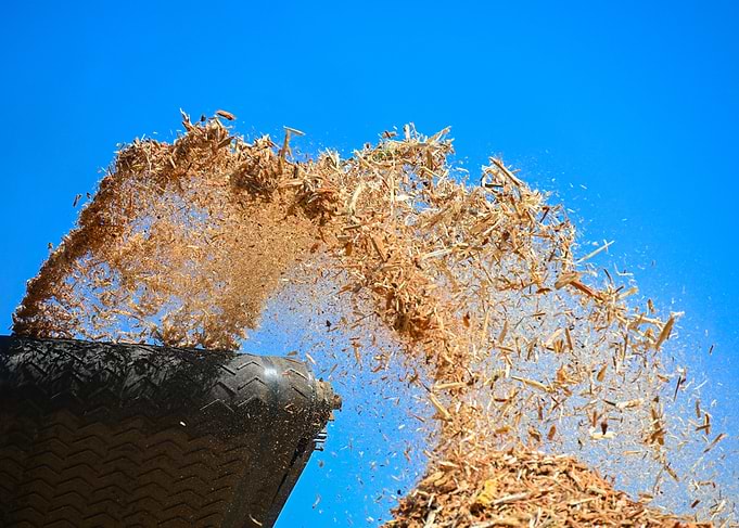 Wood chips flying from conveyor belt