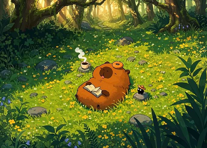 Cozy Forest Nap with Coffee and Book