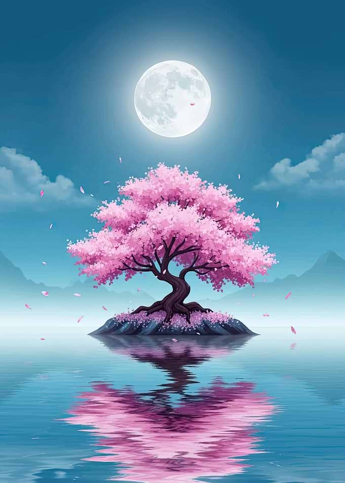 Cherry Blossom Tree Under Full Moon