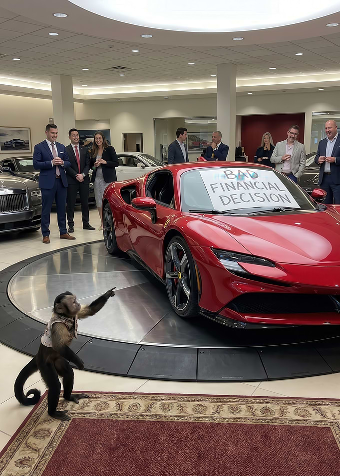 Monkey points at Ferrari with 'Bad Financial Decision' sign