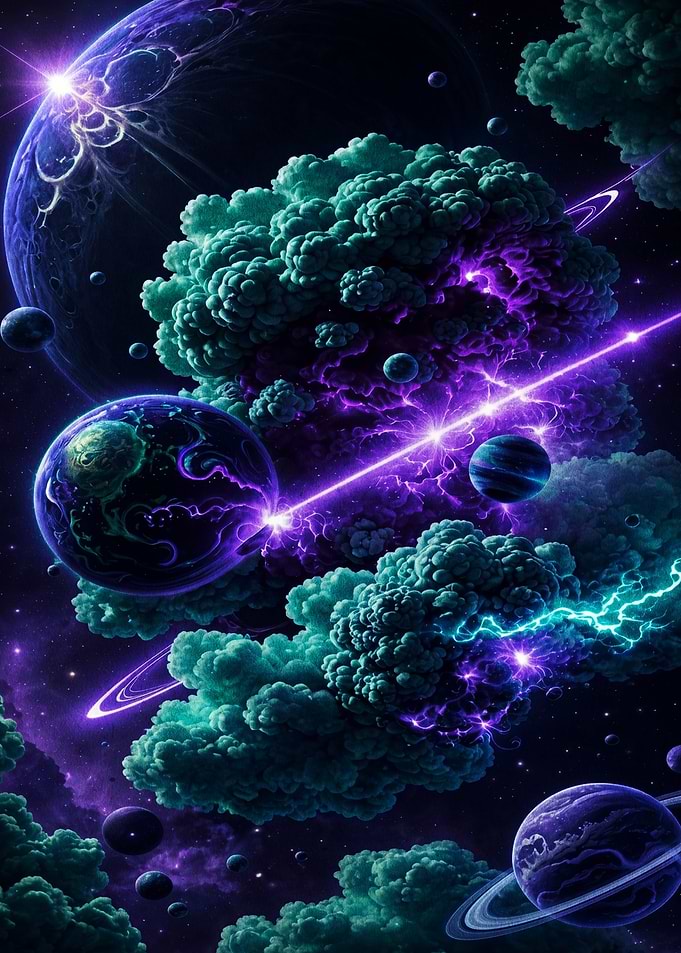 Cosmic Nebula with Planets and Lightning