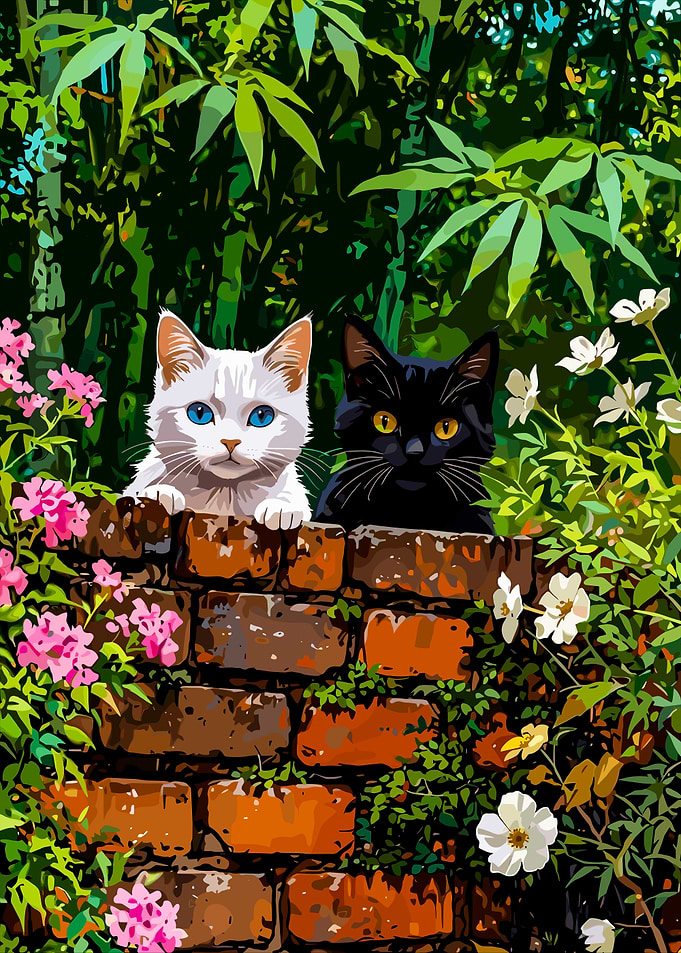 Two Cats Peeking Over a Brick Wall