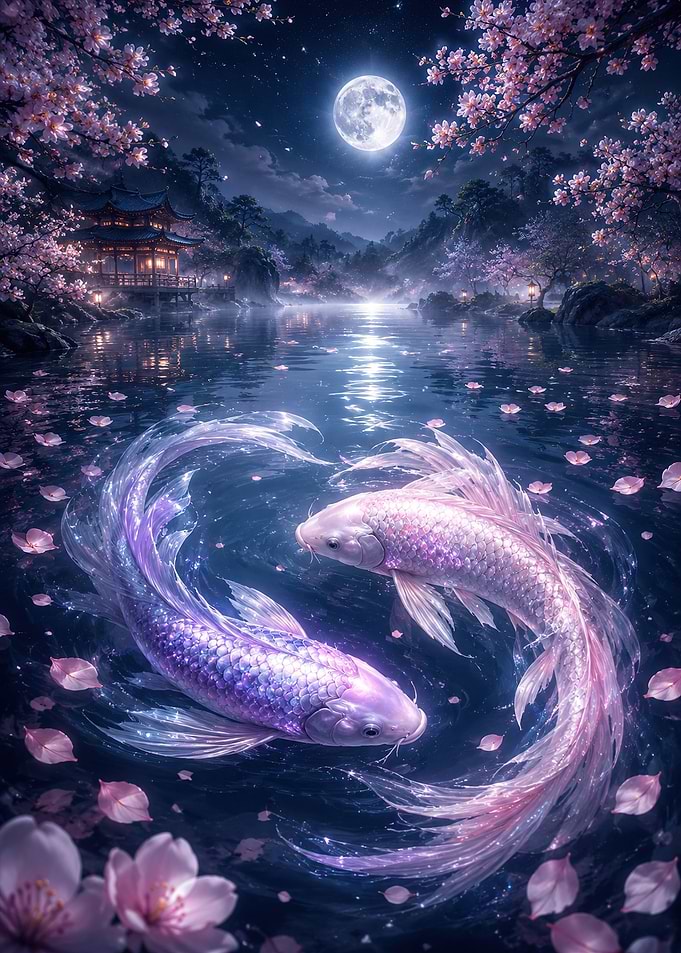 Enchanted Koi Pond Under Moonlight