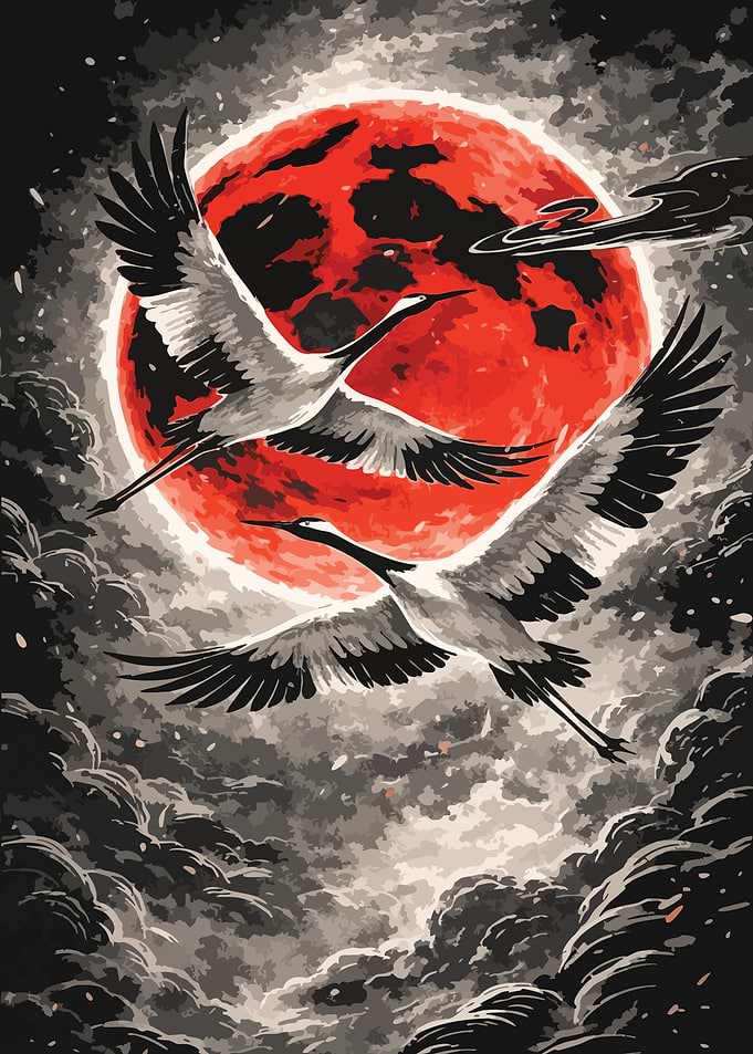 Cranes Flying Under a Red Moon